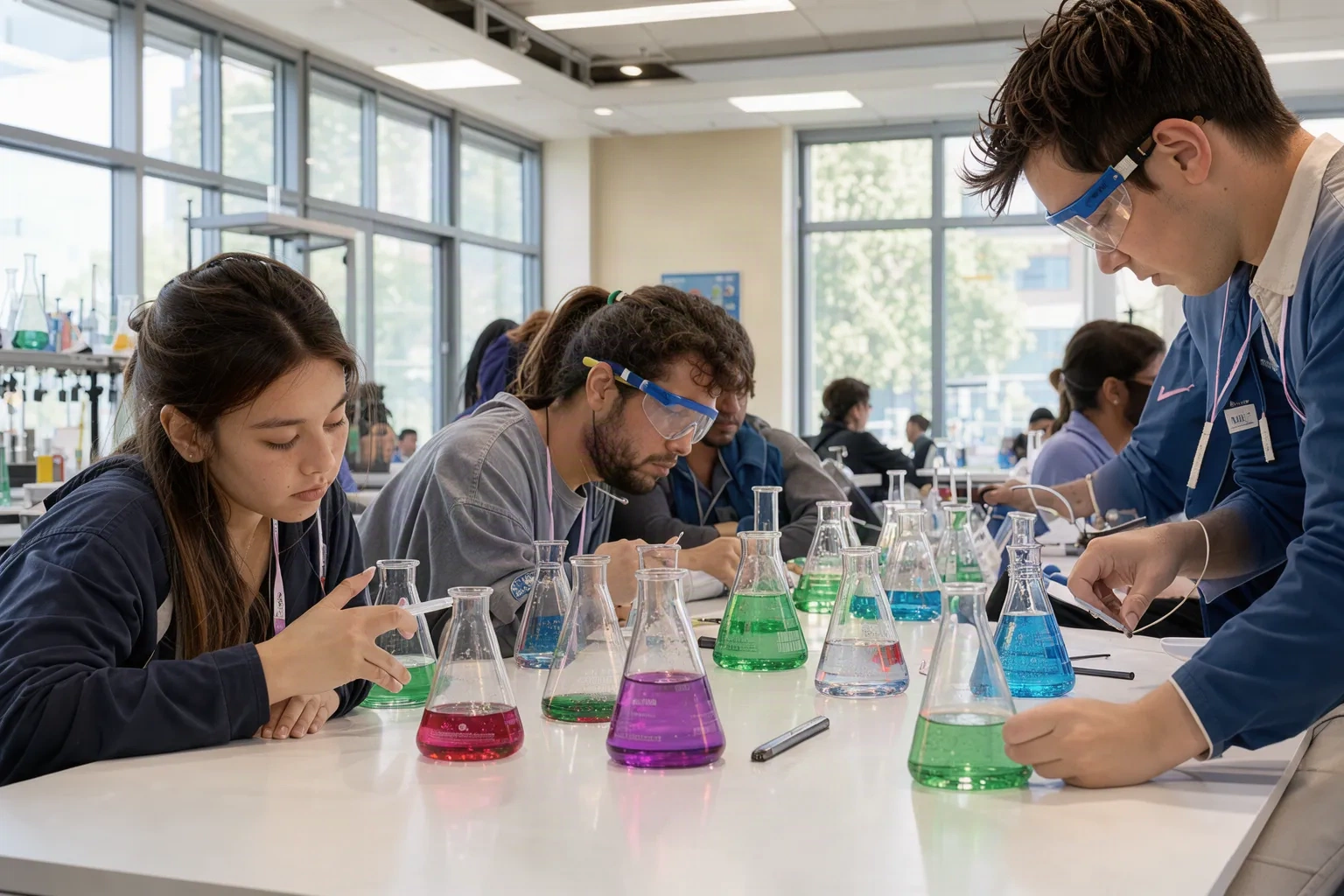 Étudiants en travaux pratiques de chimie
